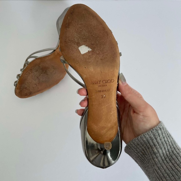 JIMMY CHOO PEWTER SILVER SANDALS KITTEN HEELS OPEN TOE METALLIC VINTAGE FORMAL - Picture 6 of 10